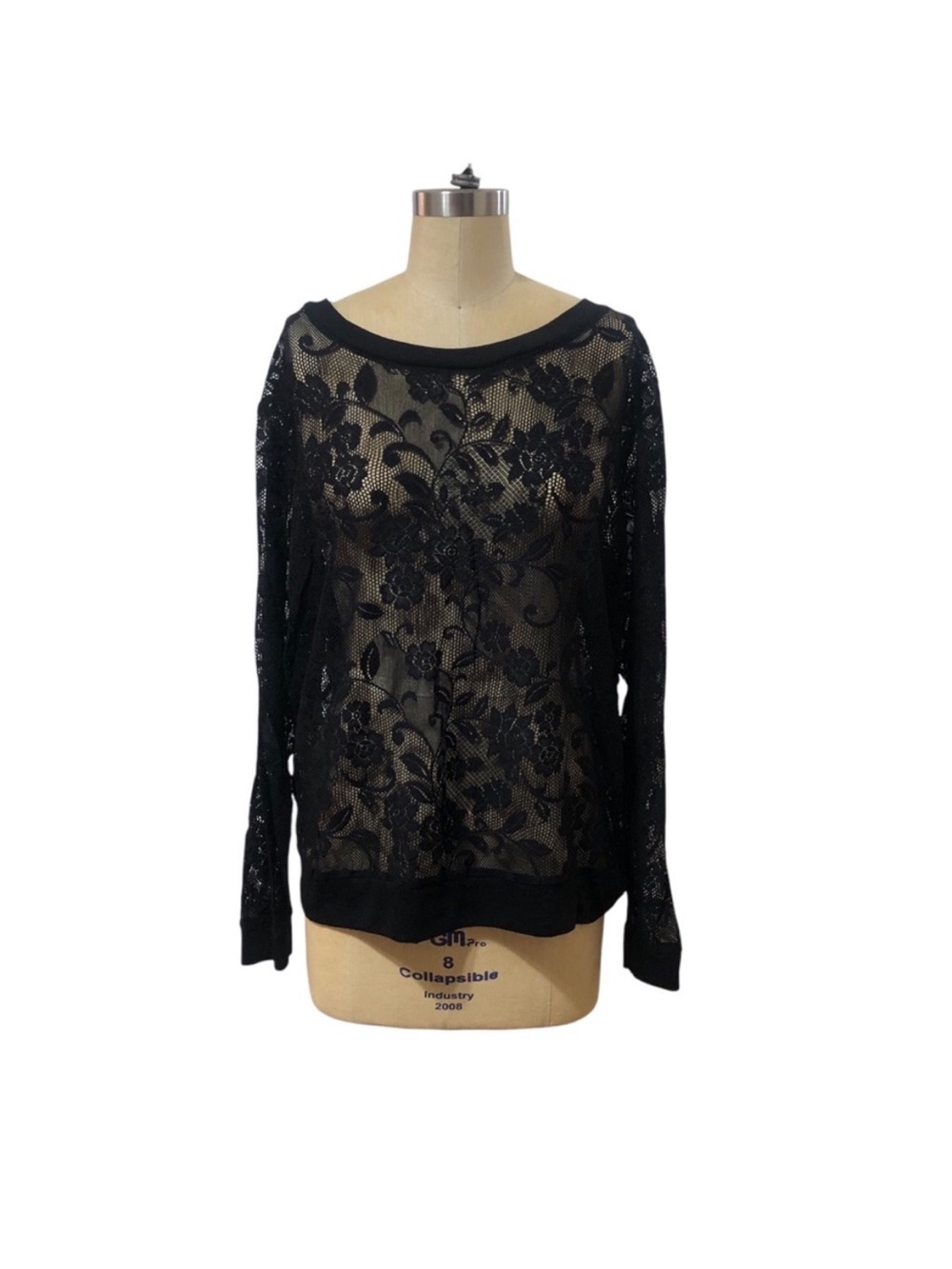 Sheer Black Floral Lace Long-Sleeve Blouse